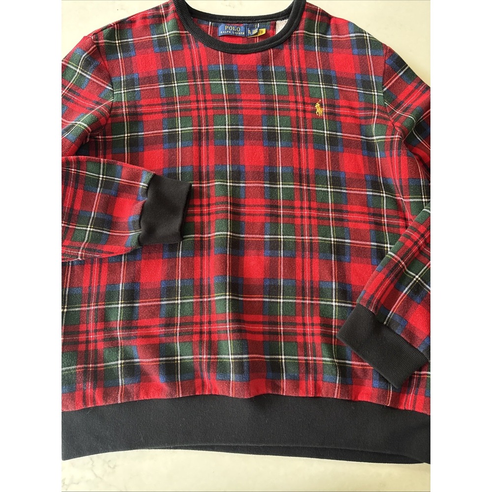 Polo Ralph Lauren Sweatshirt Mens XL Red Buffalo Tartan Plaid Fleece Crewneck